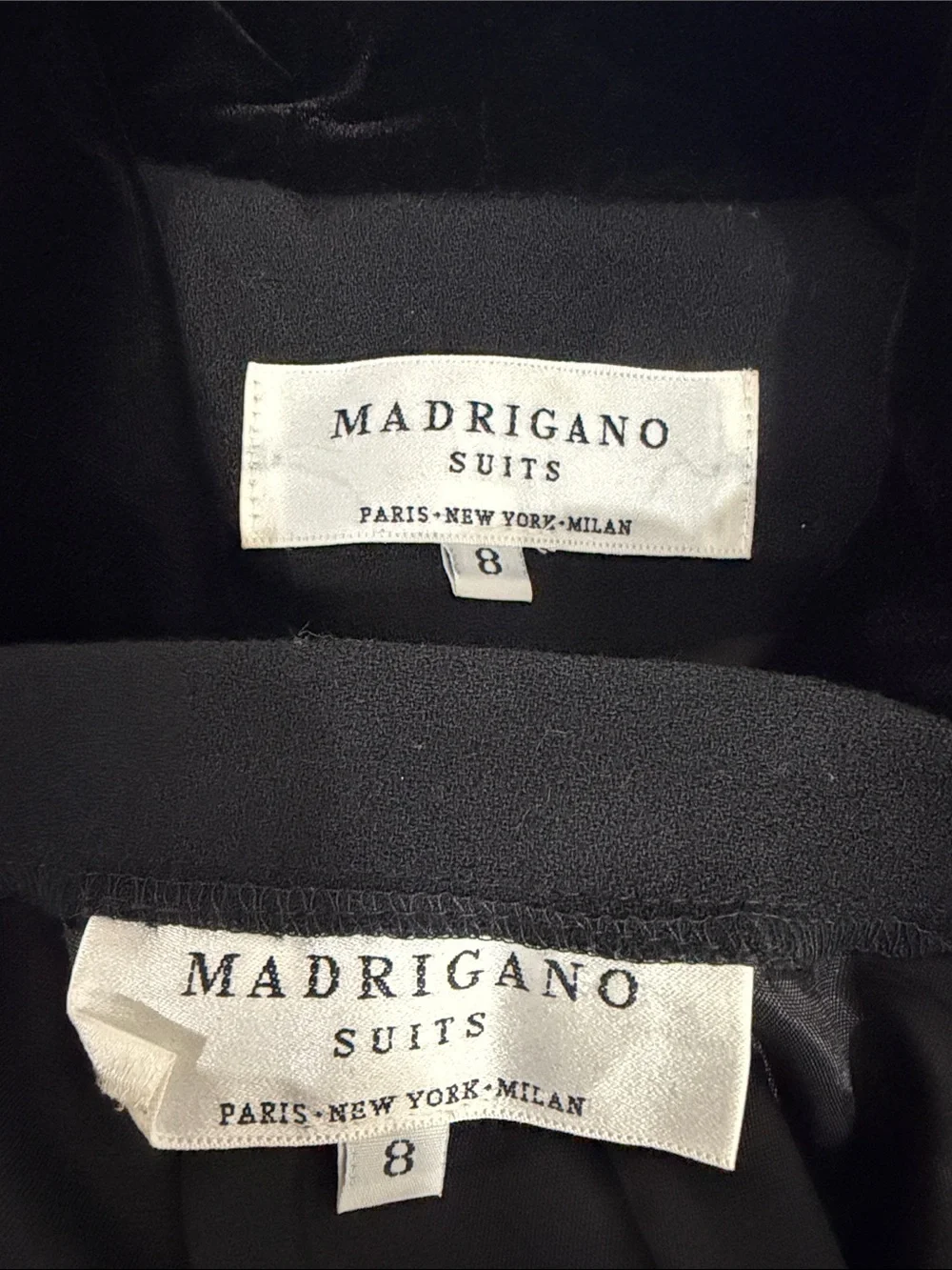 Laura Madrigano Wool Skirt Suit Black Velvet Trim Career Office Set Size 8 Vinta